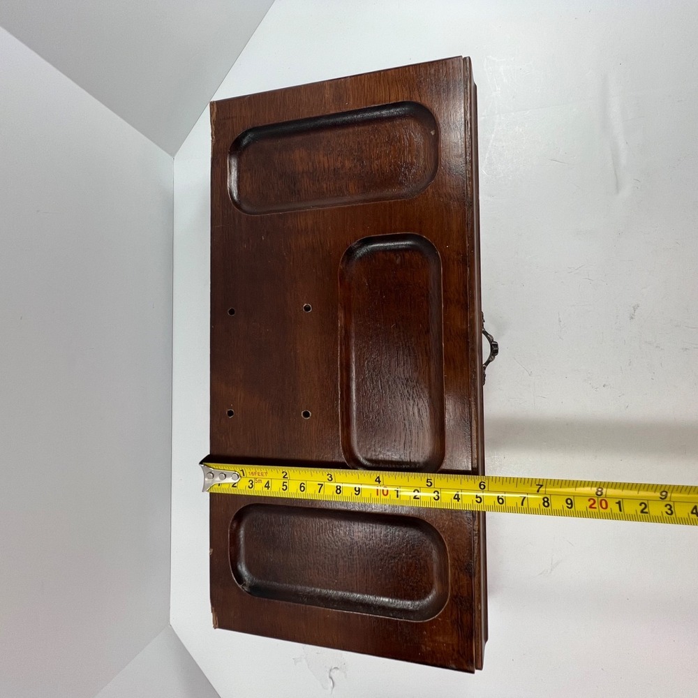 Vintage wood valet jewelry box with drawer ornate handle sunken depressions top - Picture 4 of 13